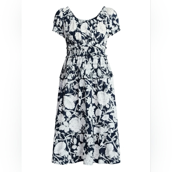 Smocked Waist Navy and White Floral Midi Dress - Picture 5 of 5